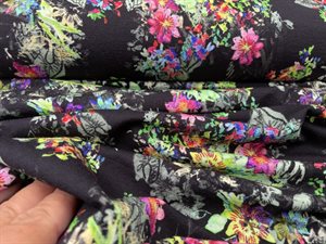 Viscosejersey - sort bund med farverige blomster buketter